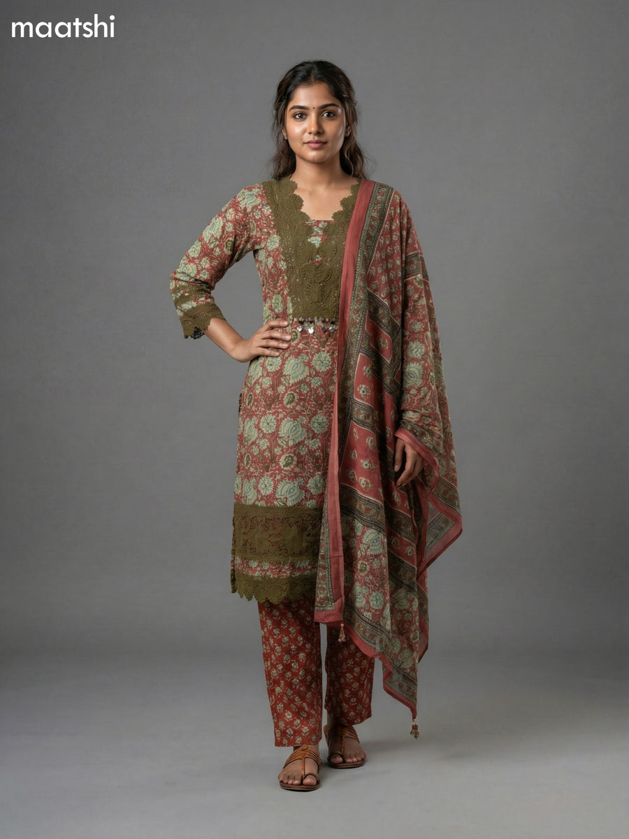 Red Shade and Sap Green Cotton Kalamkari Printed & Lace Work Straight Suit