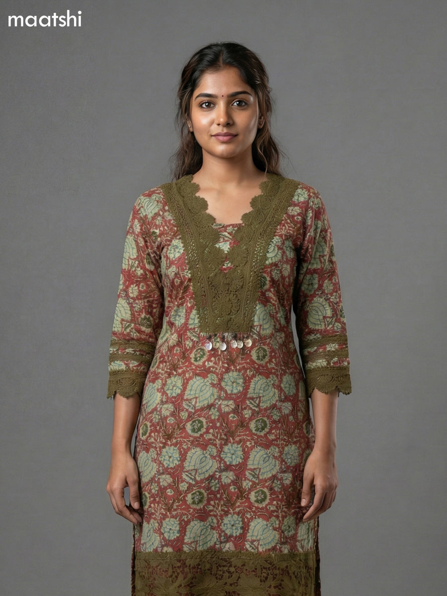 Red Shade and Sap Green Cotton Kalamkari Printed & Lace Work Straight Suit
