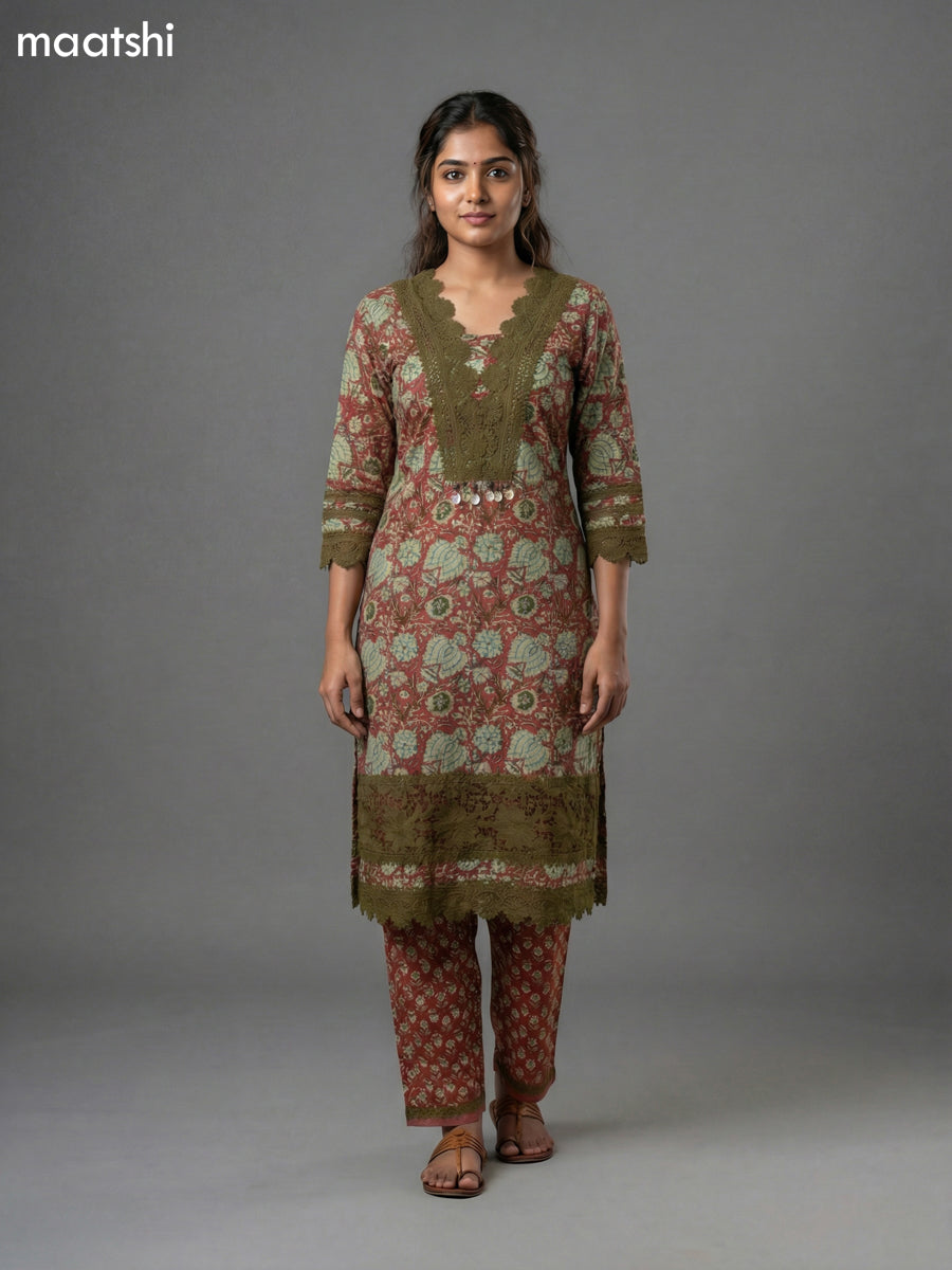 Red Shade and Sap Green Cotton Kalamkari Printed & Lace Work Straight Suit