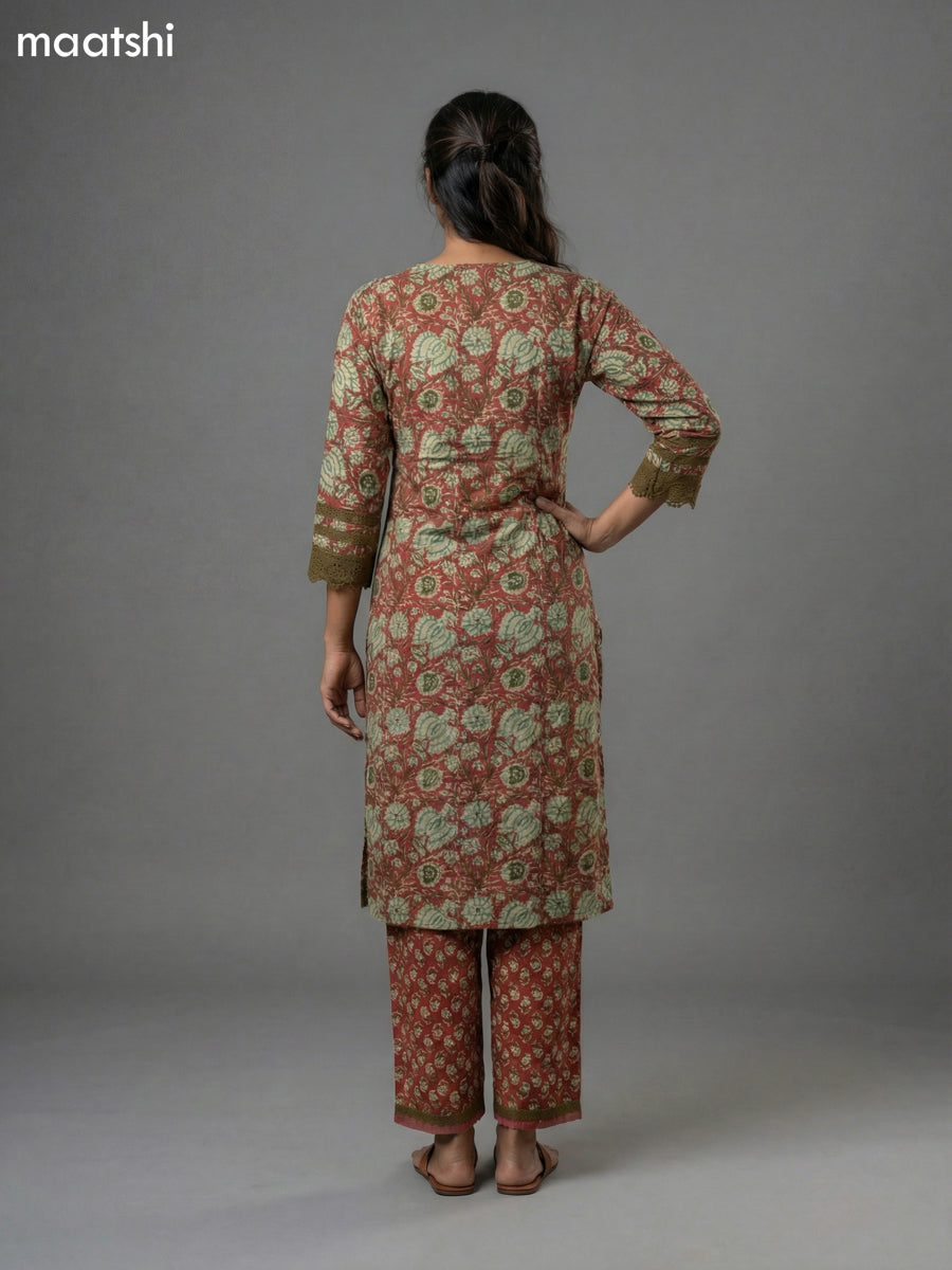 Red Shade and Sap Green Cotton Kalamkari Printed & Lace Work Straight Suit