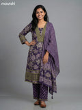 Violet and Sap Green Cotton Kalamkari Printed & Lace Work Straight Suit