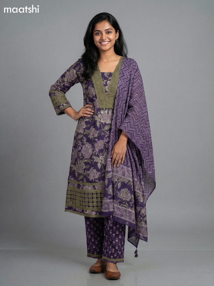 Violet and Sap Green Cotton Kalamkari Printed & Lace Work Straight Suit