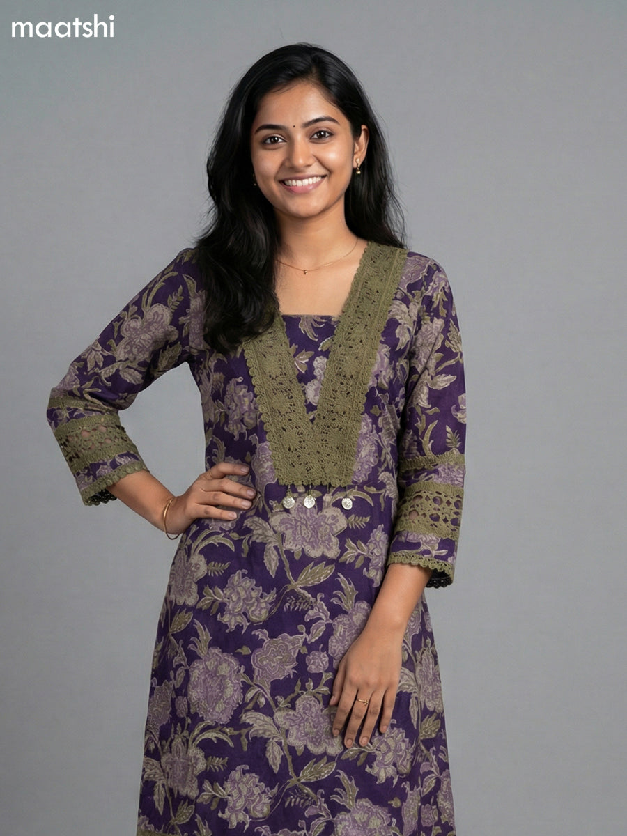 Violet and Sap Green Cotton Kalamkari Printed & Lace Work Straight Suit