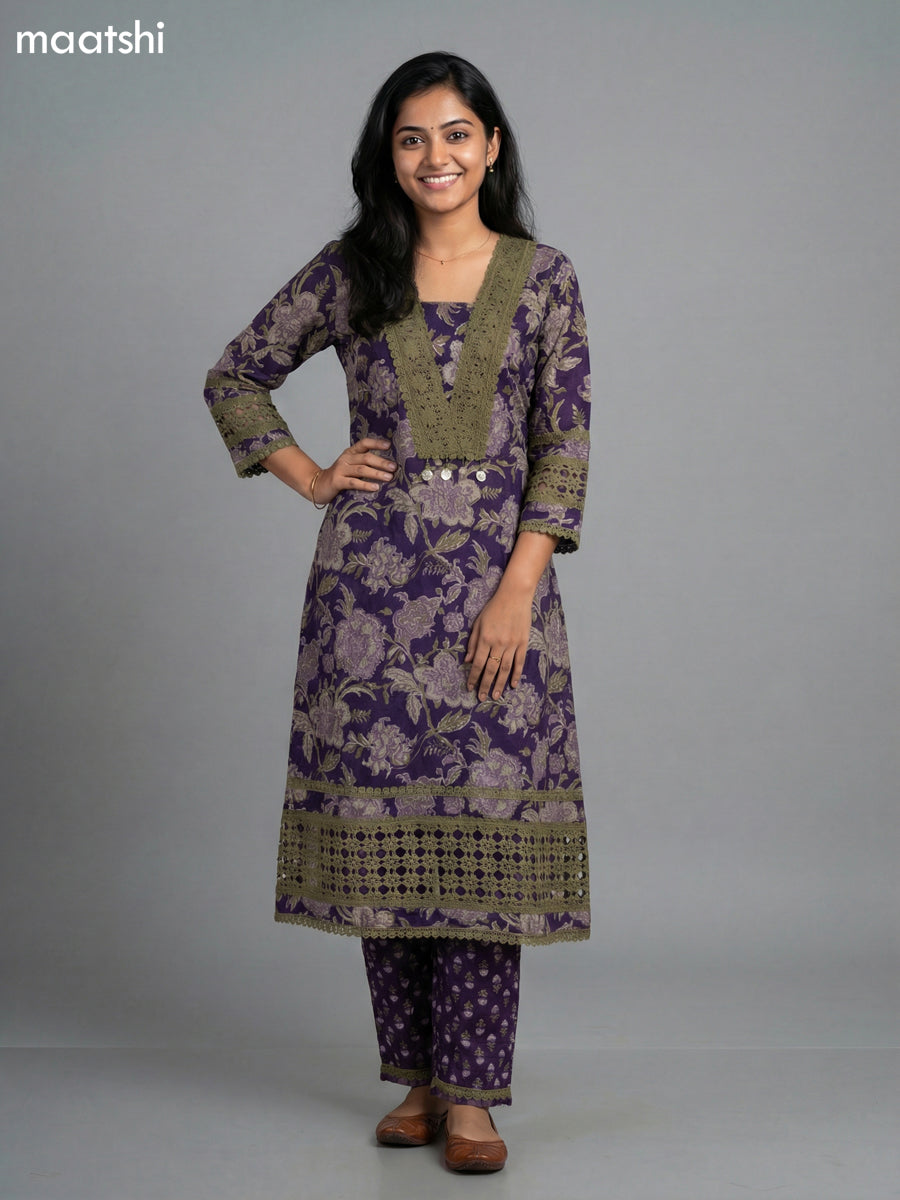 Violet and Sap Green Cotton Kalamkari Printed & Lace Work Straight Suit
