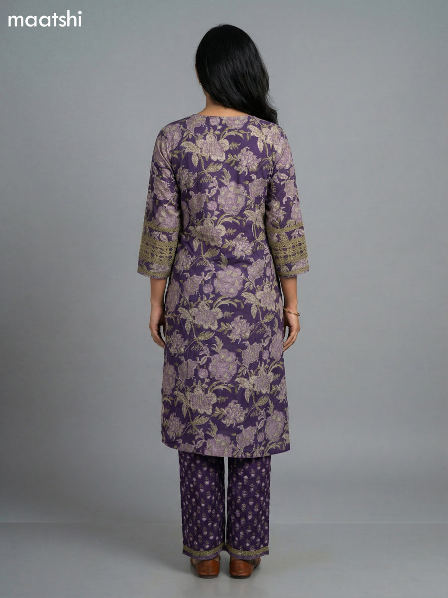 Violet and Sap Green Cotton Kalamkari Printed & Lace Work Straight Suit