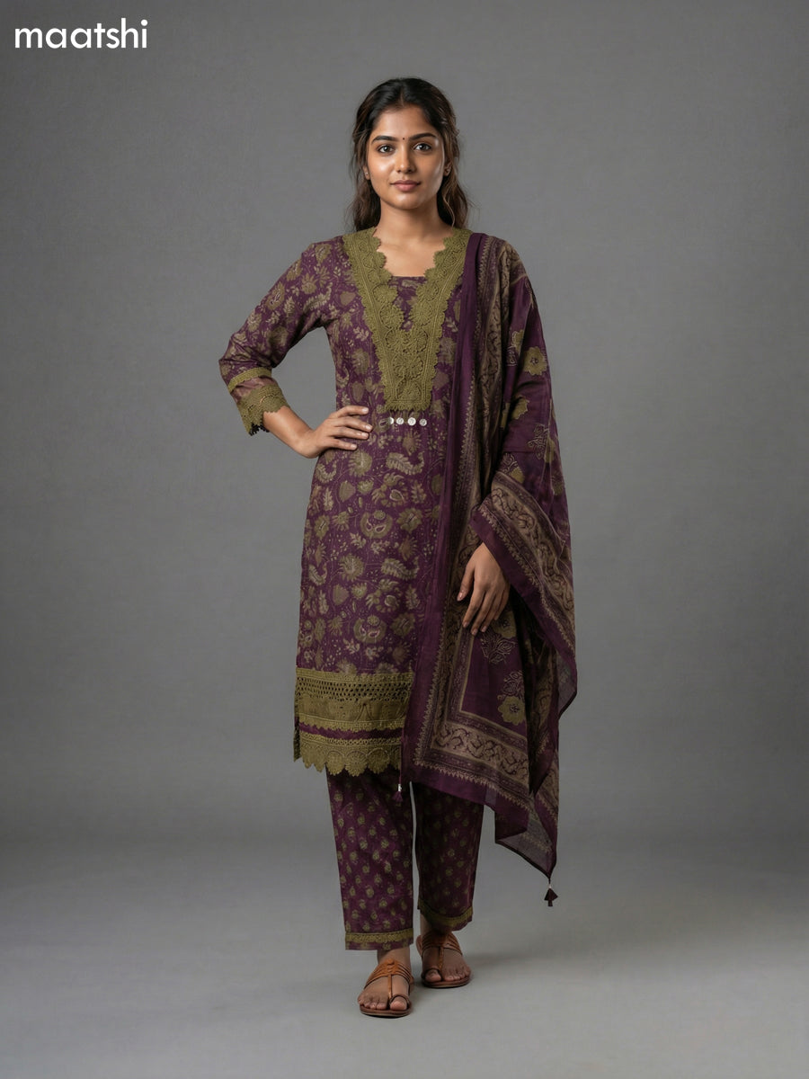 Wine Shade and Sap Green Cotton Kalamkari Printed & Lace Work Straight Suit