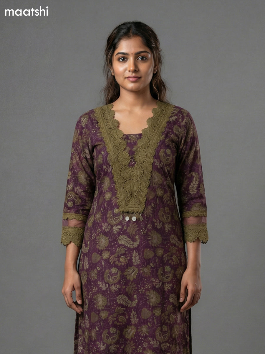 Wine Shade and Sap Green Cotton Kalamkari Printed & Lace Work Straight Suit