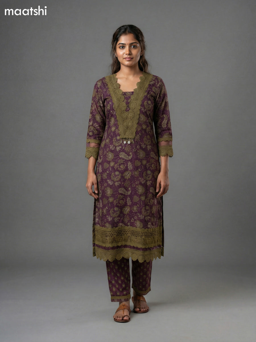 Wine Shade and Sap Green Cotton Kalamkari Printed & Lace Work Straight Suit