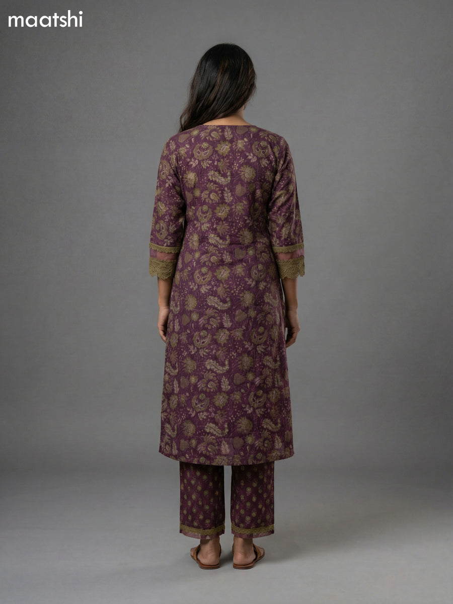 Wine Shade and Sap Green Cotton Kalamkari Printed & Lace Work Straight Suit