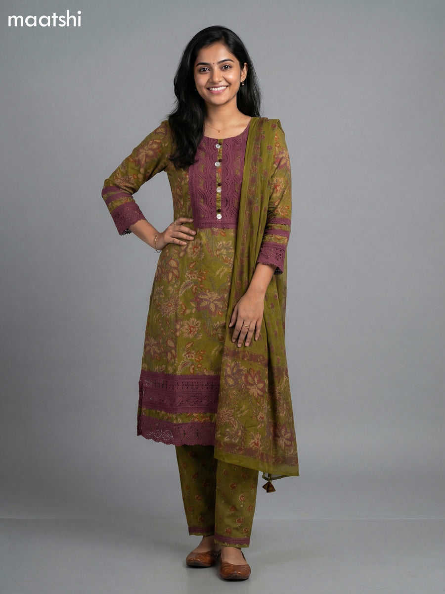 Mehendi Green and Mauve Pink Cotton Kalamkari Printed & Lace Work Straight Suit