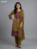 Mehendi Green and Mauve Pink Cotton Kalamkari Printed & Lace Work Straight Suit