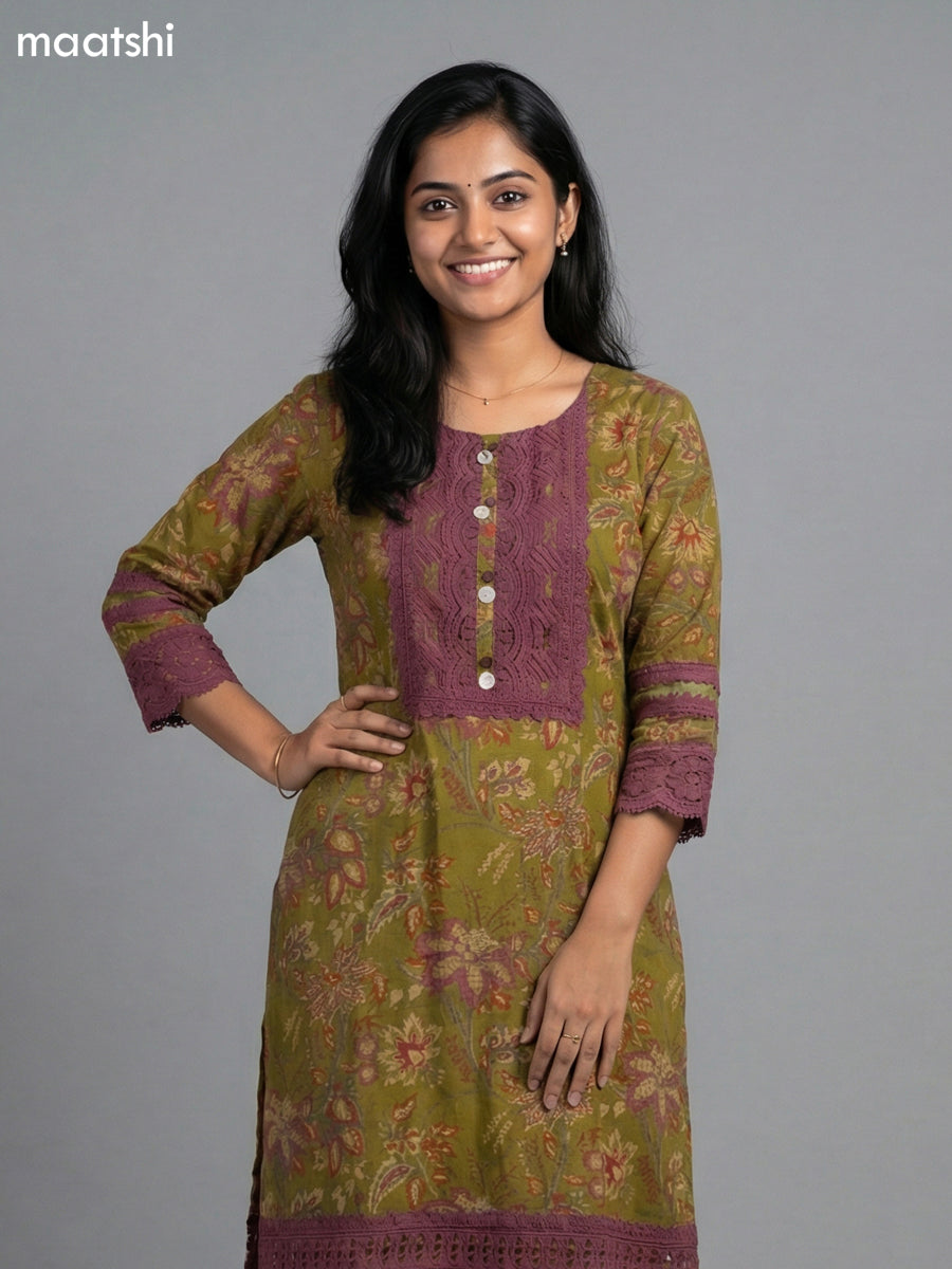 Mehendi Green and Mauve Pink Cotton Kalamkari Printed & Lace Work Straight Suit