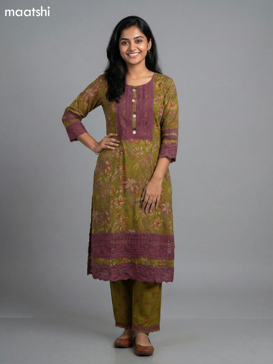 Mehendi Green and Mauve Pink Cotton Kalamkari Printed & Lace Work Straight Suit
