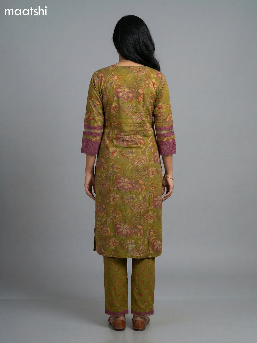 Mehendi Green and Mauve Pink Cotton Kalamkari Printed & Lace Work Straight Suit