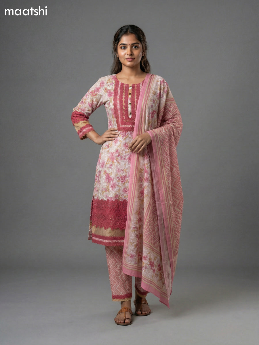 Cream and Pink Cotton Kalamkari Printed & Lace Work Straight Suit