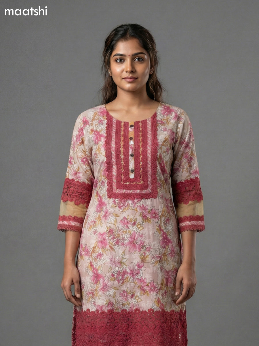 Cream and Pink Cotton Kalamkari Printed & Lace Work Straight Suit