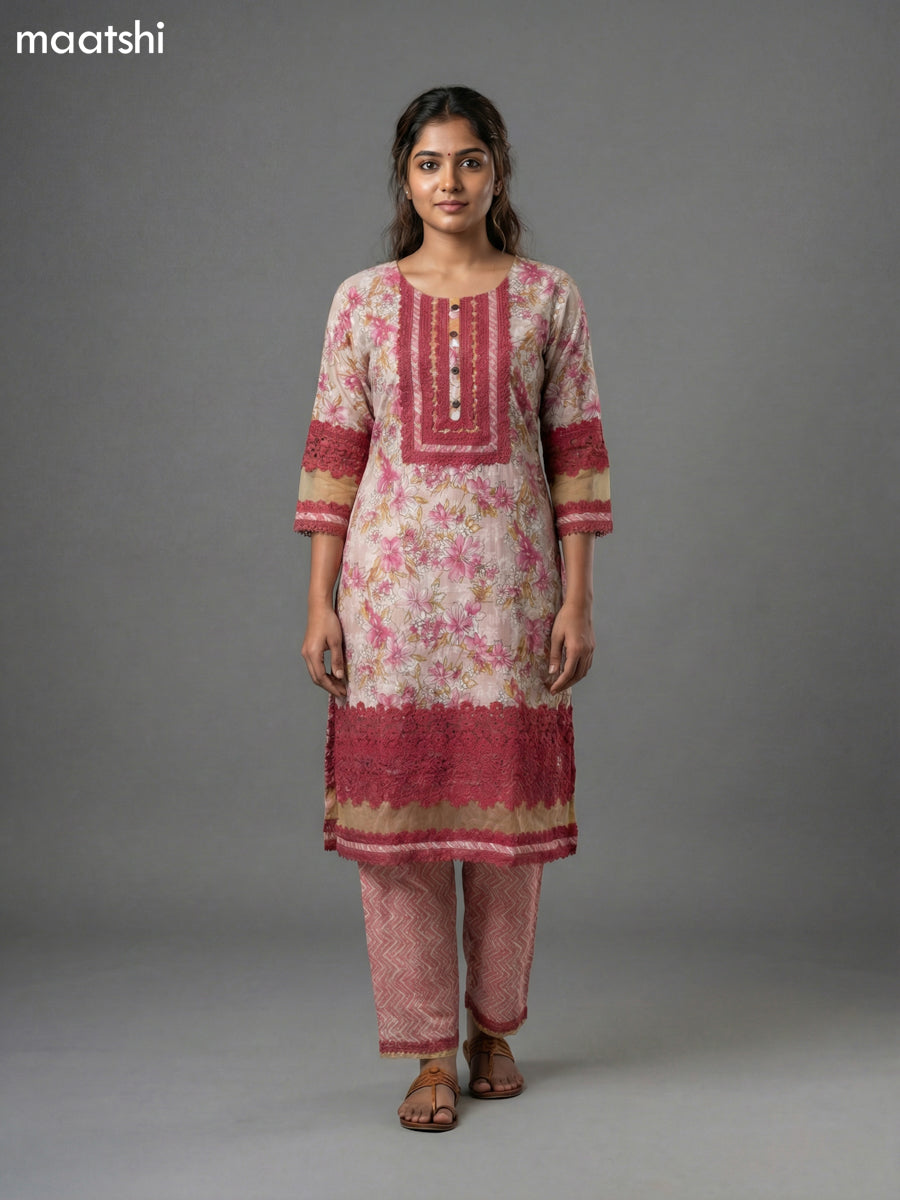 Cream and Pink Cotton Kalamkari Printed & Lace Work Straight Suit