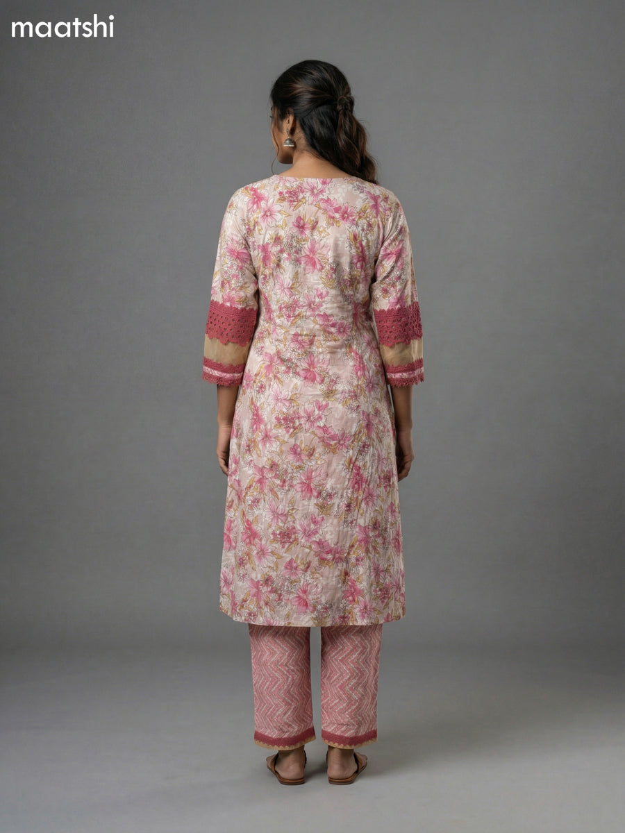 Cream and Pink Cotton Kalamkari Printed & Lace Work Straight Suit