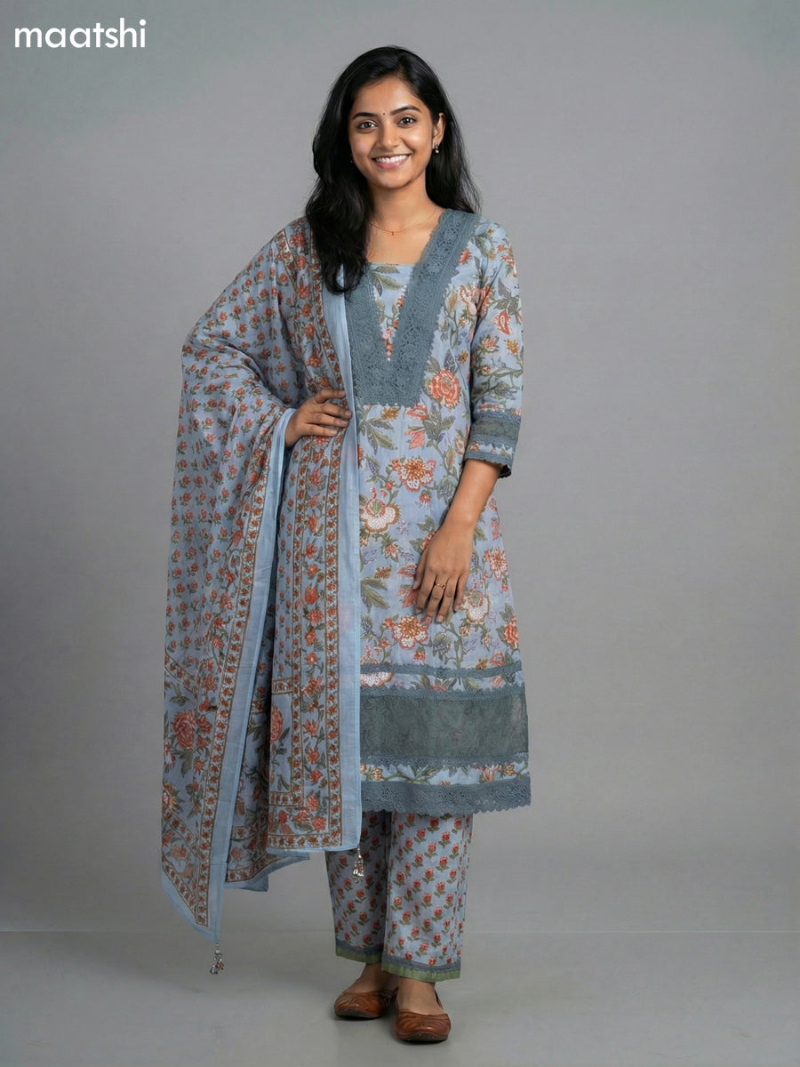 Pastel Blue Cotton Kalamkari Printed & Lace Work Straight Suit