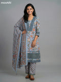 Pastel Blue Cotton Kalamkari Printed & Lace Work Straight Suit