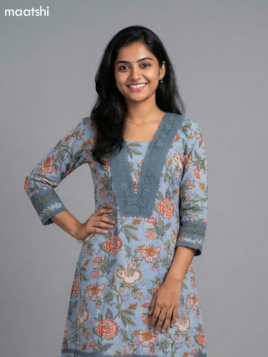 Pastel Blue Cotton Kalamkari Printed & Lace Work Straight Suit