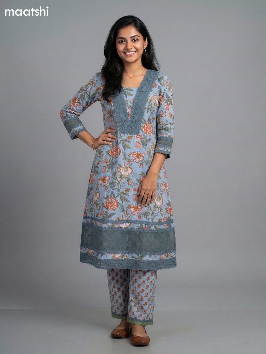 Pastel Blue Cotton Kalamkari Printed & Lace Work Straight Suit