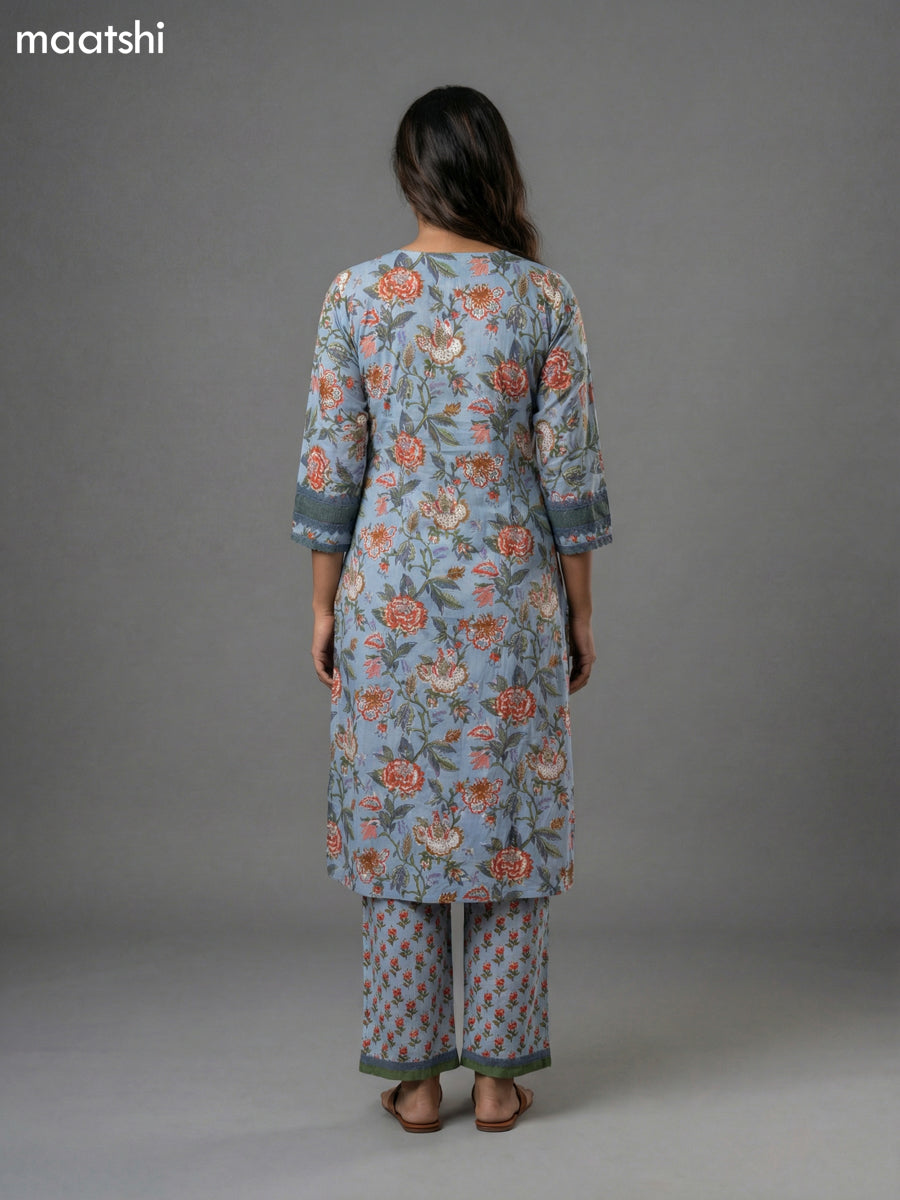 Pastel Blue Cotton Kalamkari Printed & Lace Work Straight Suit