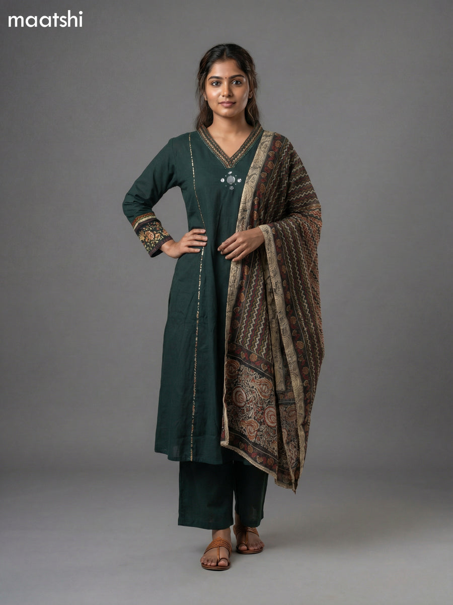 Dark Green Cotton Embroidery Work Anarkali Suit Semi Palazzo Pant