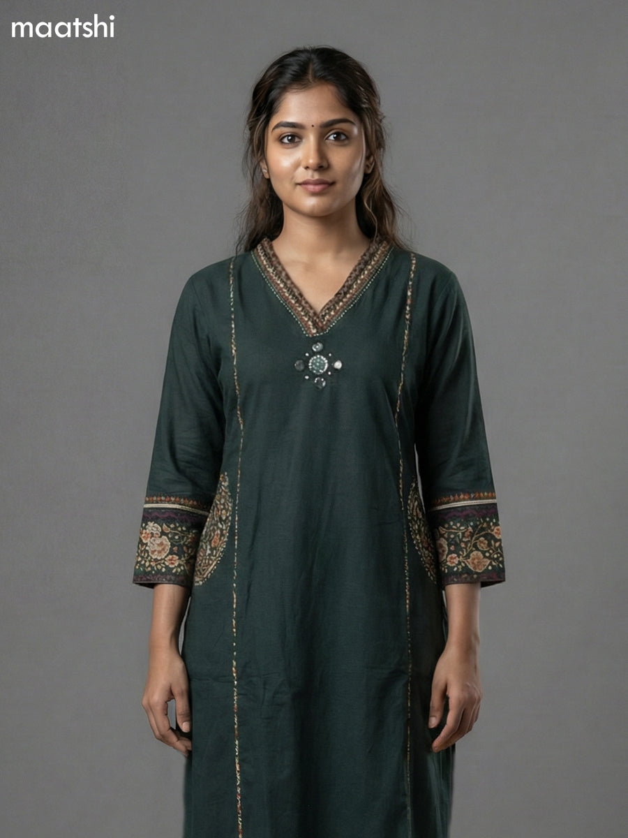 Dark Green Cotton Embroidery Work Anarkali Suit Semi Palazzo Pant