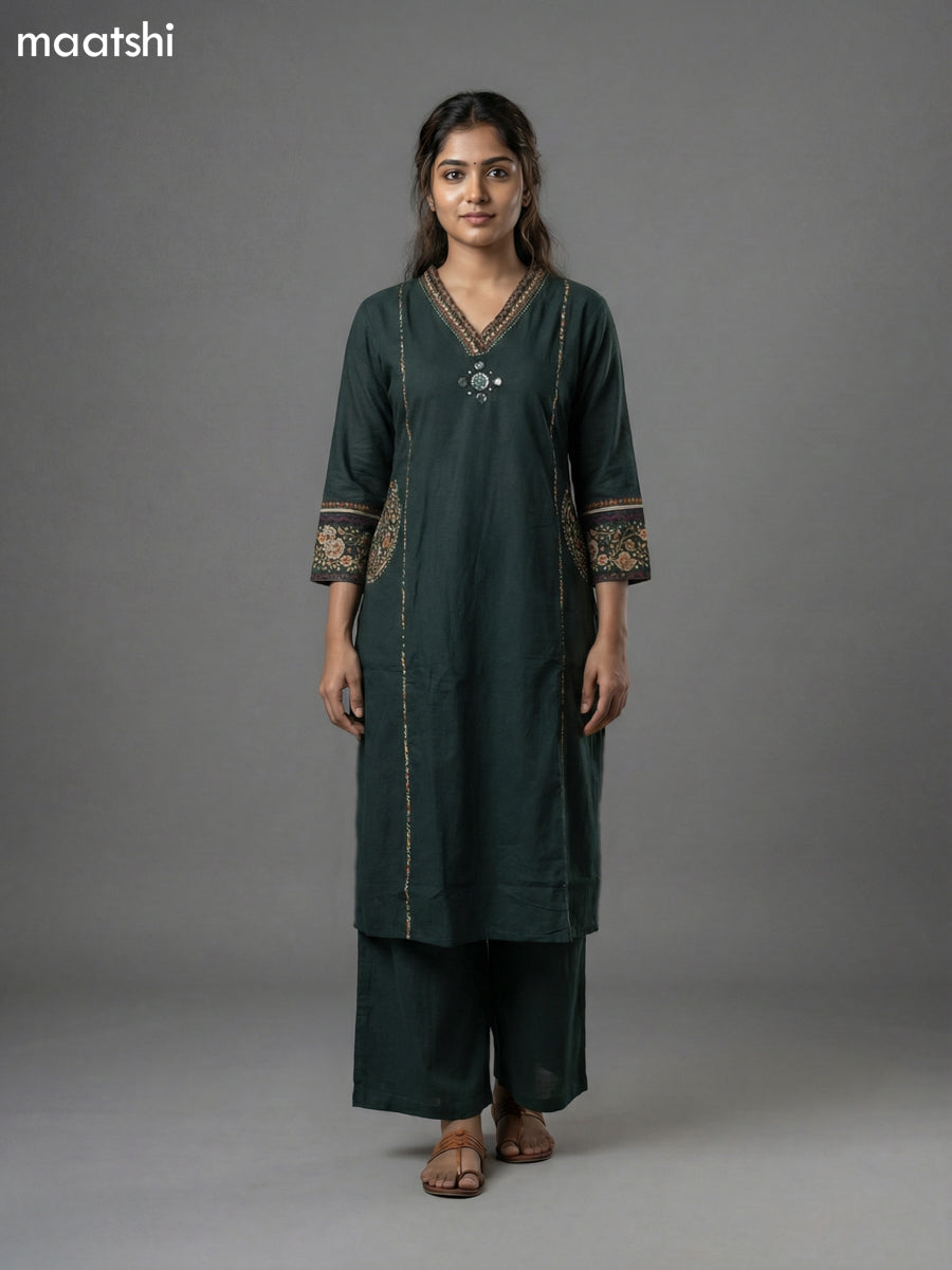 Dark Green Cotton Embroidery Work Anarkali Suit Semi Palazzo Pant