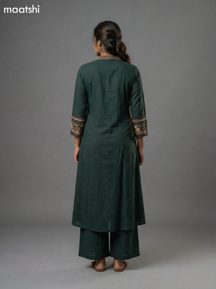 Dark Green Cotton Embroidery Work Anarkali Suit Semi Palazzo Pant