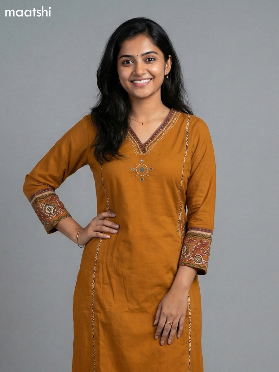 Mustard Yellow Cotton Embroidery Work Anarkali Suit Semi Palazzo Pant