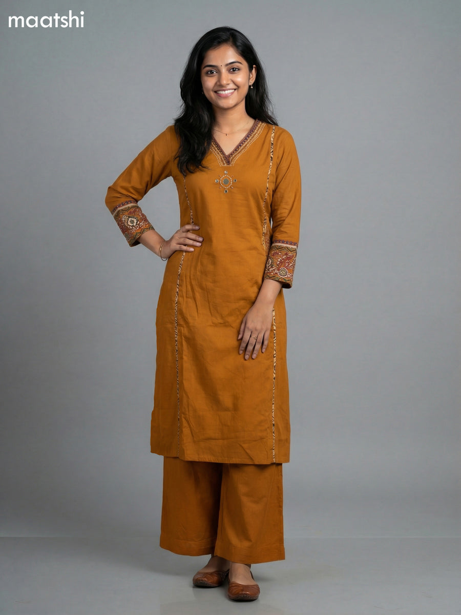 Mustard Yellow Cotton Embroidery Work Anarkali Suit Semi Palazzo Pant