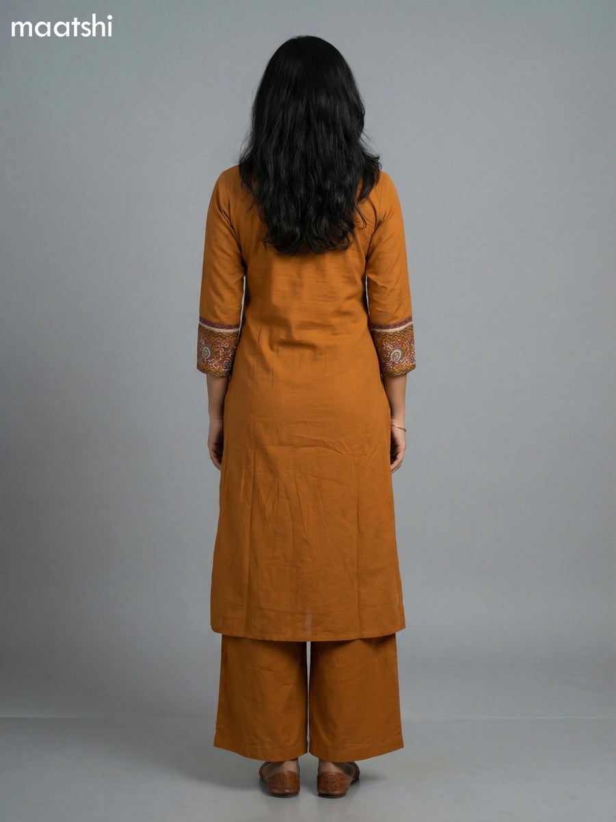 Mustard Yellow Cotton Embroidery Work Anarkali Suit Semi Palazzo Pant