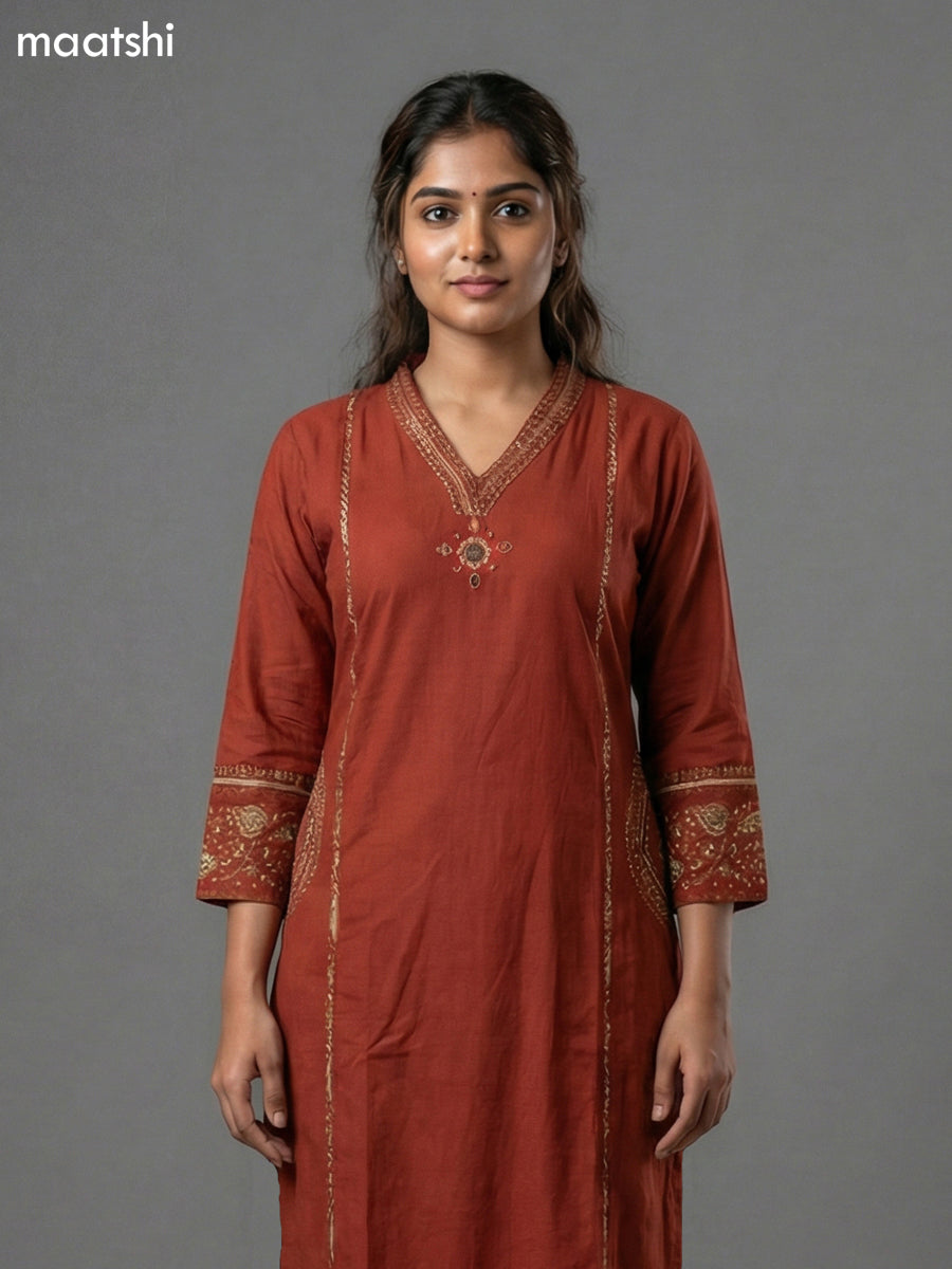 Rust Shade Cotton Embroidery Work Anarkali Suit Semi Palazzo Pant