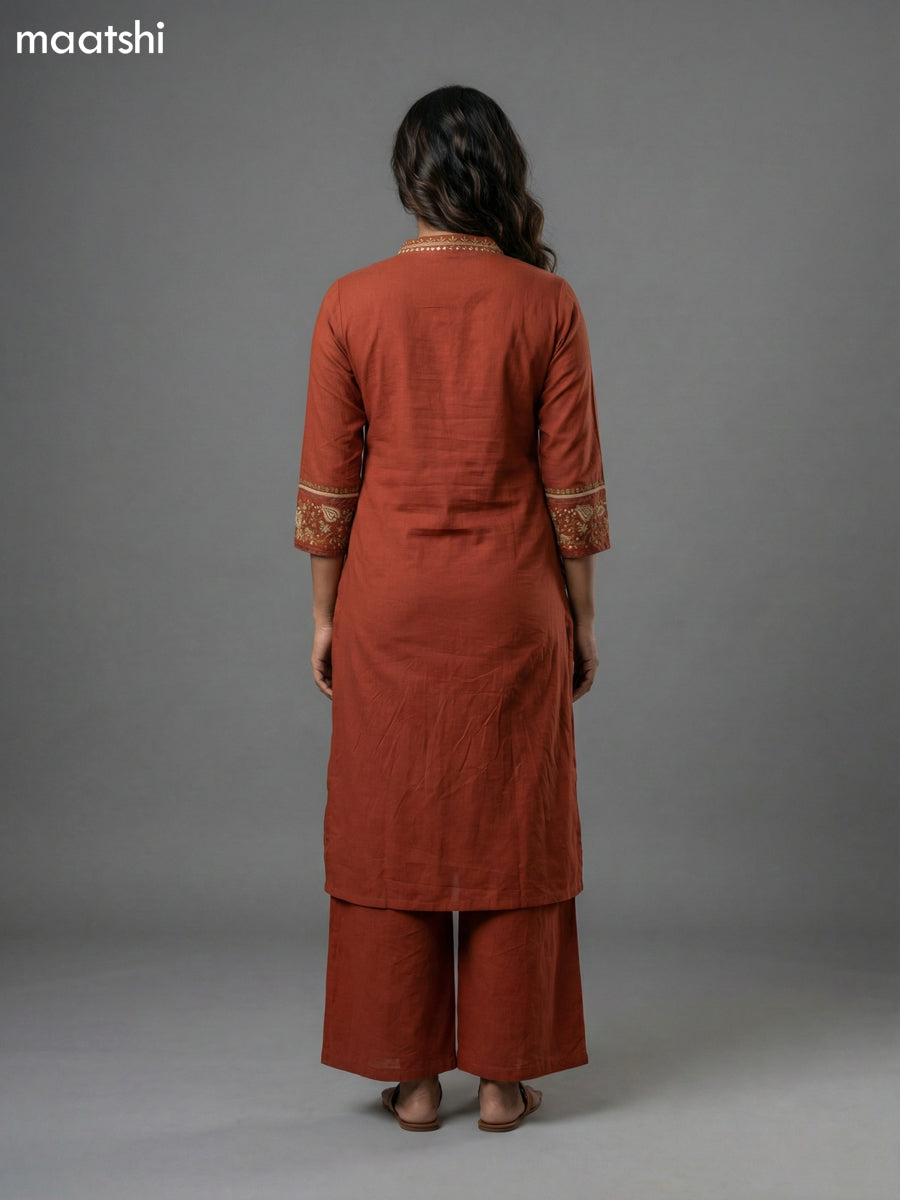 Rust Shade Cotton Embroidery Work Anarkali Suit Semi Palazzo Pant