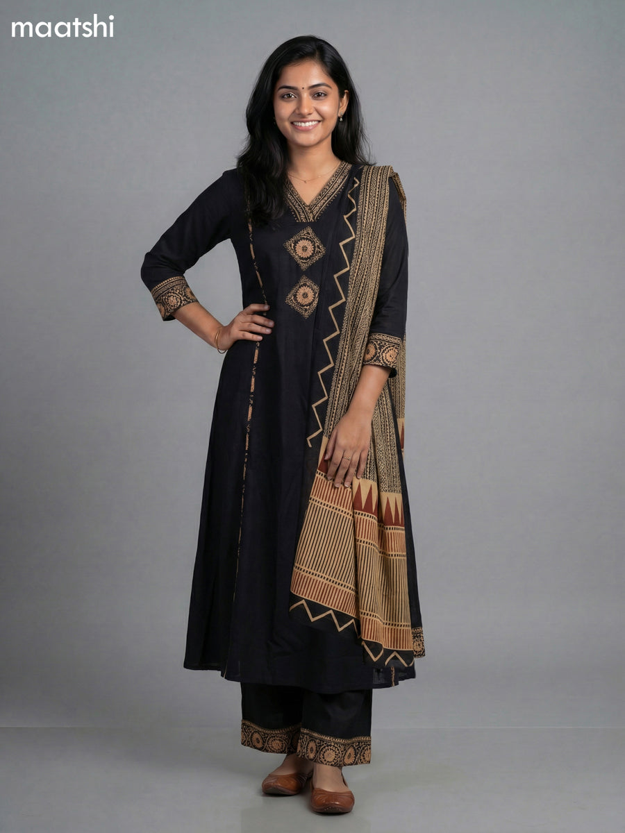 Black Cotton Patch Work A-Line Suit