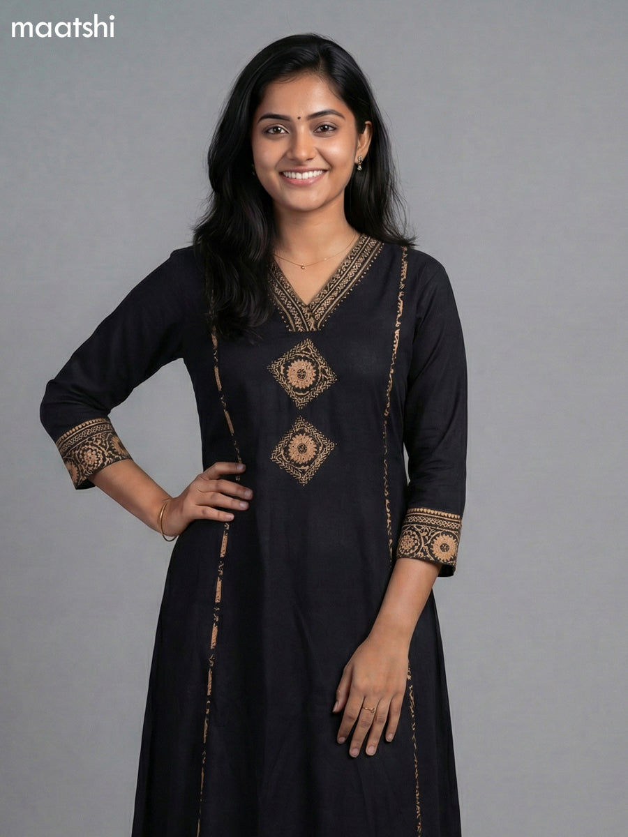 Black Cotton Patch Work A-Line Suit