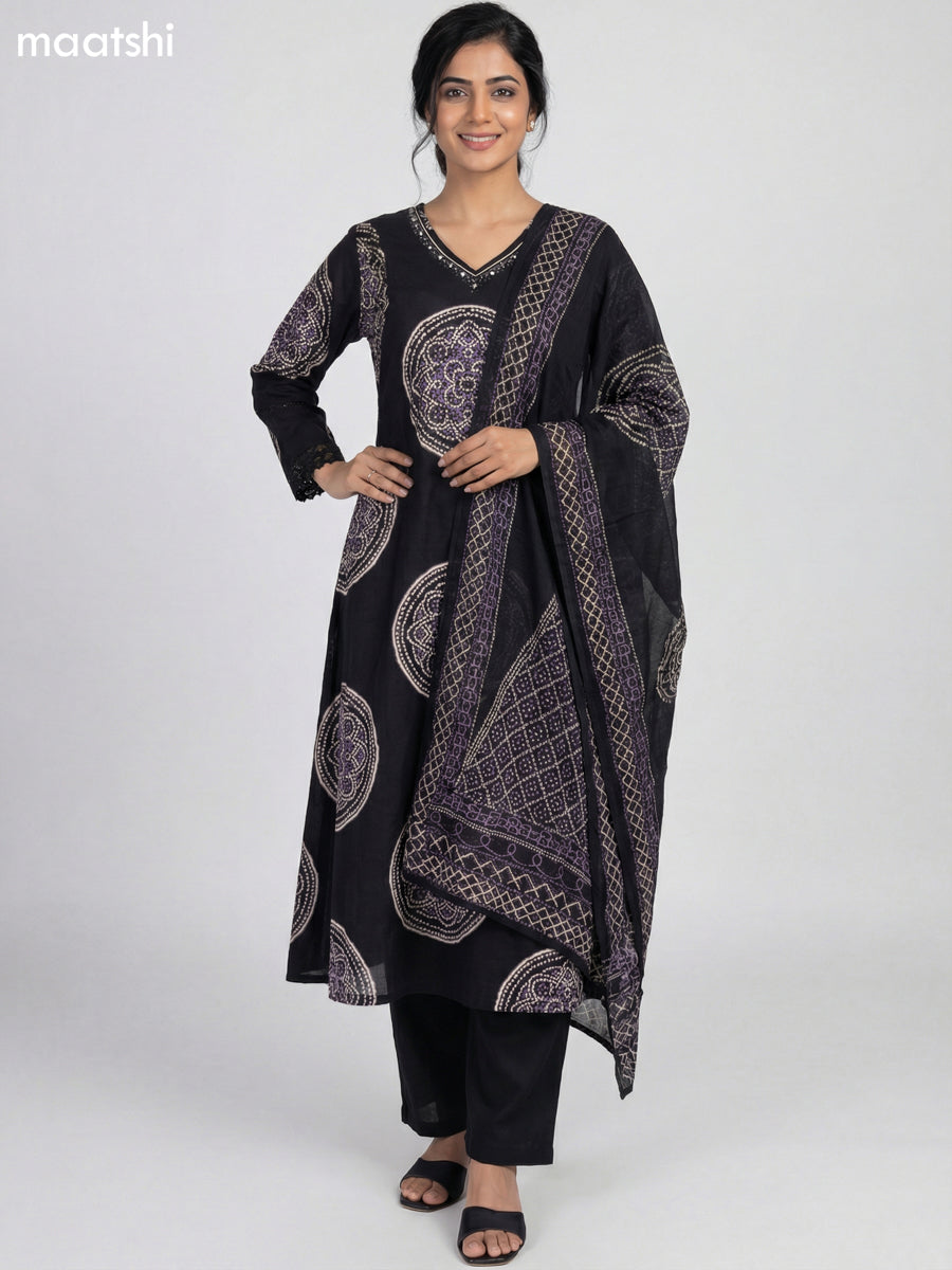 Black Cotton Bandhini Printed A-Line Suit