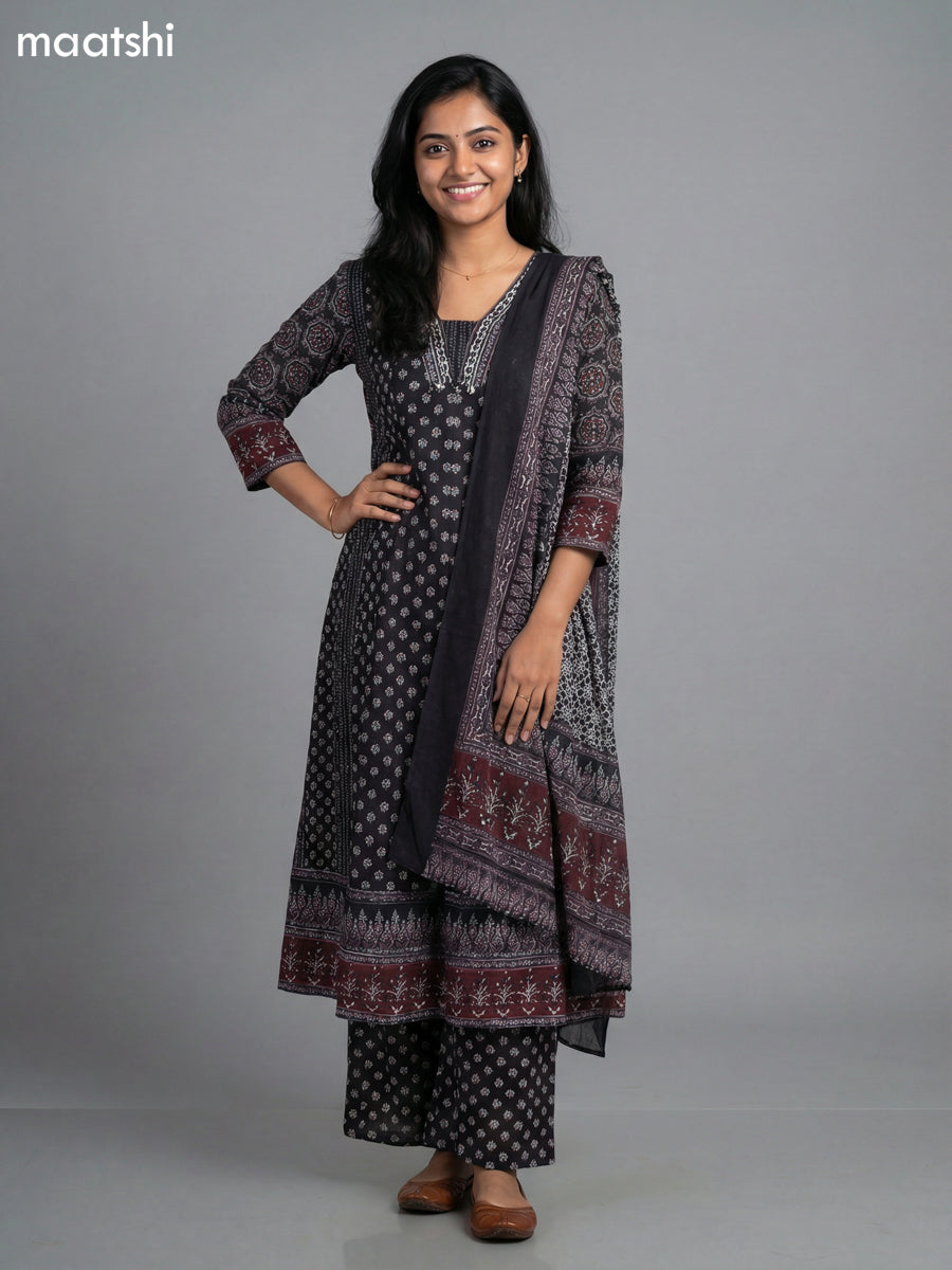 Black Cotton Floral Printed Anarkali Suit