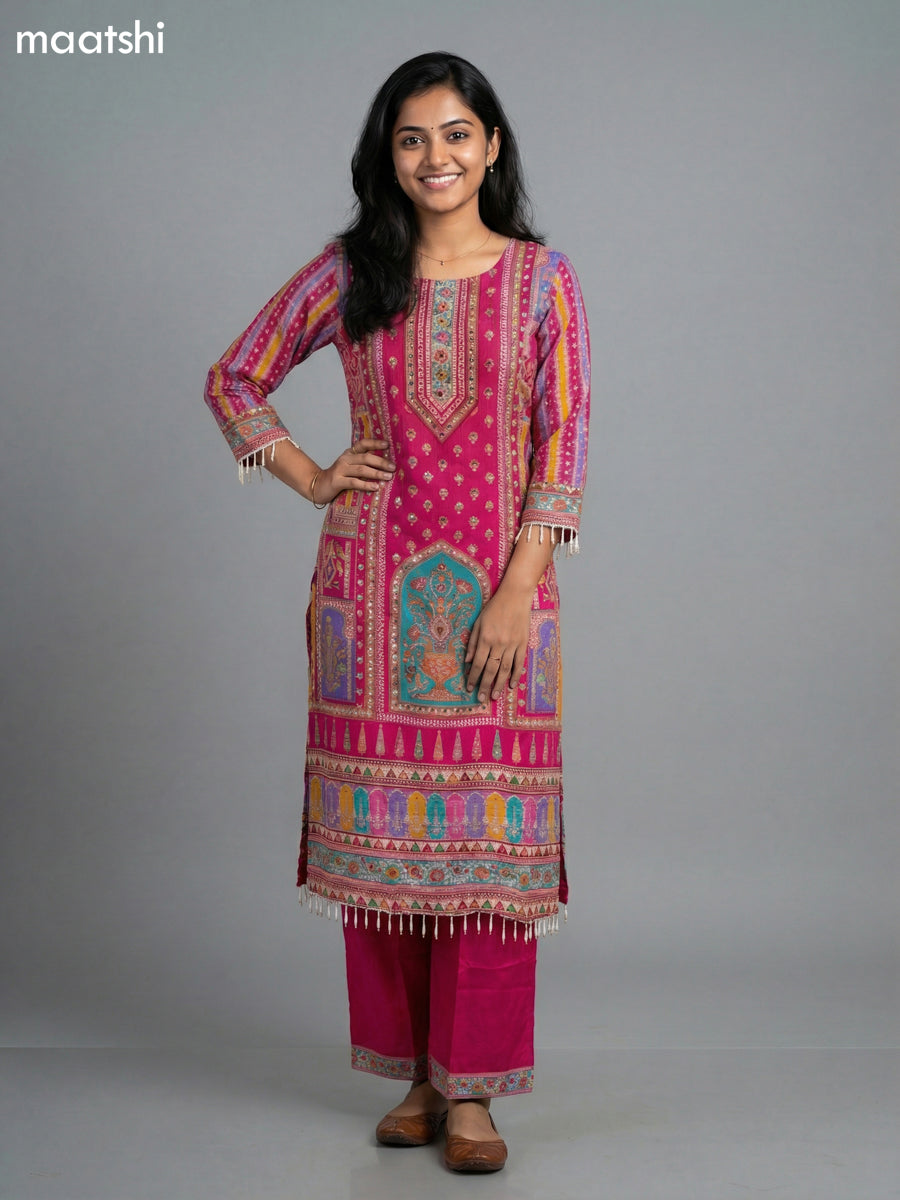 Pink Crepe Silk Printed Straight Suit