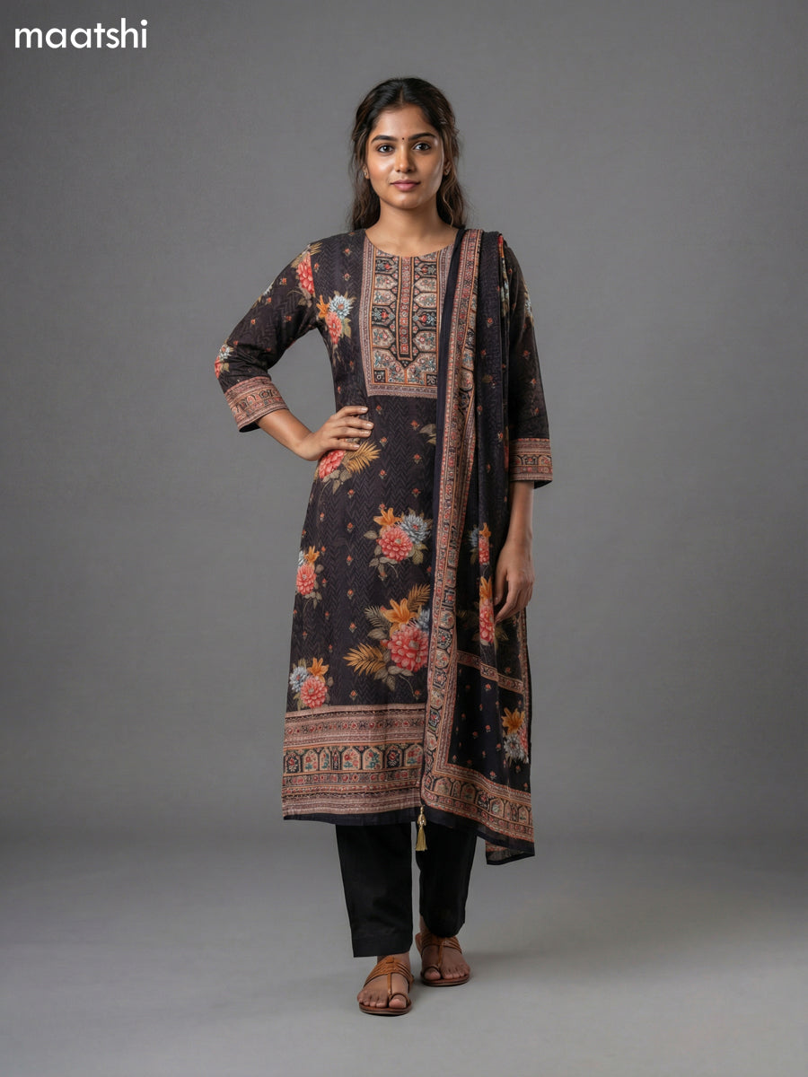 Black and Brown Crepe Silk Printed Straight Suit