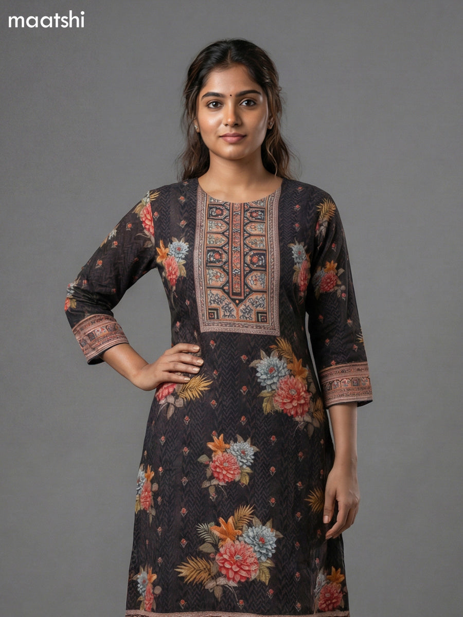 Black and Brown Crepe Silk Printed Straight Suit