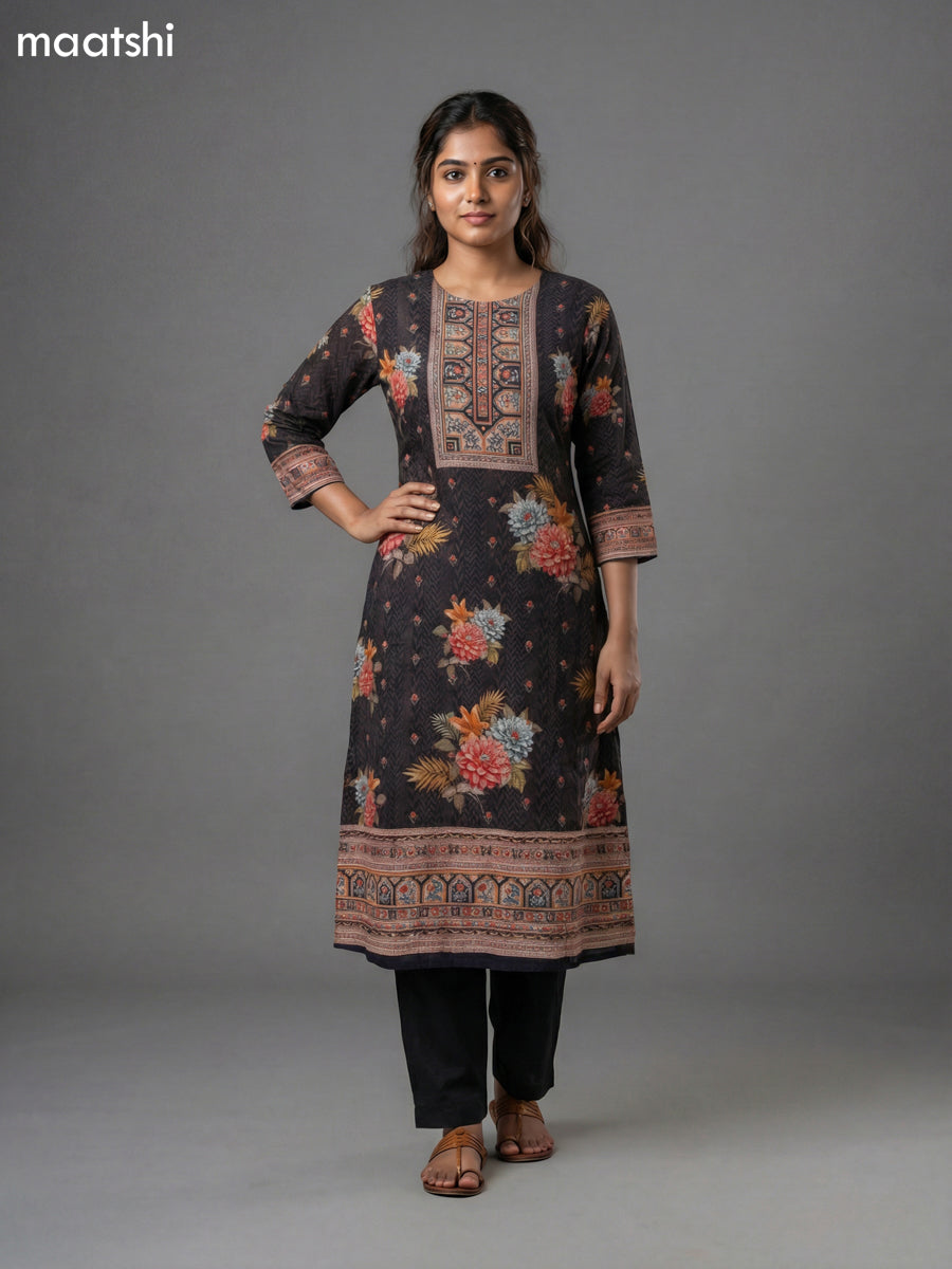 Black and Brown Crepe Silk Printed Straight Suit
