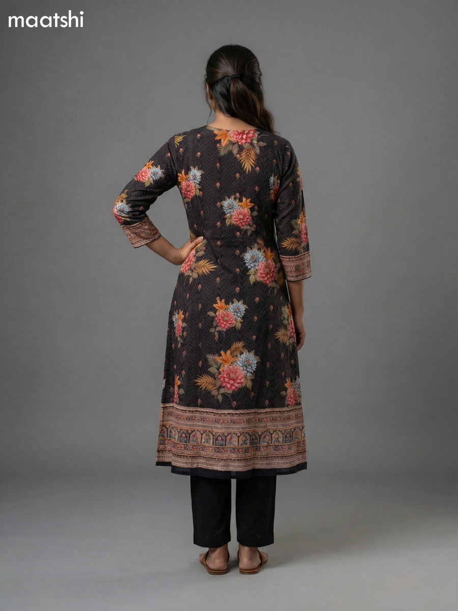 Black and Brown Crepe Silk Printed Straight Suit
