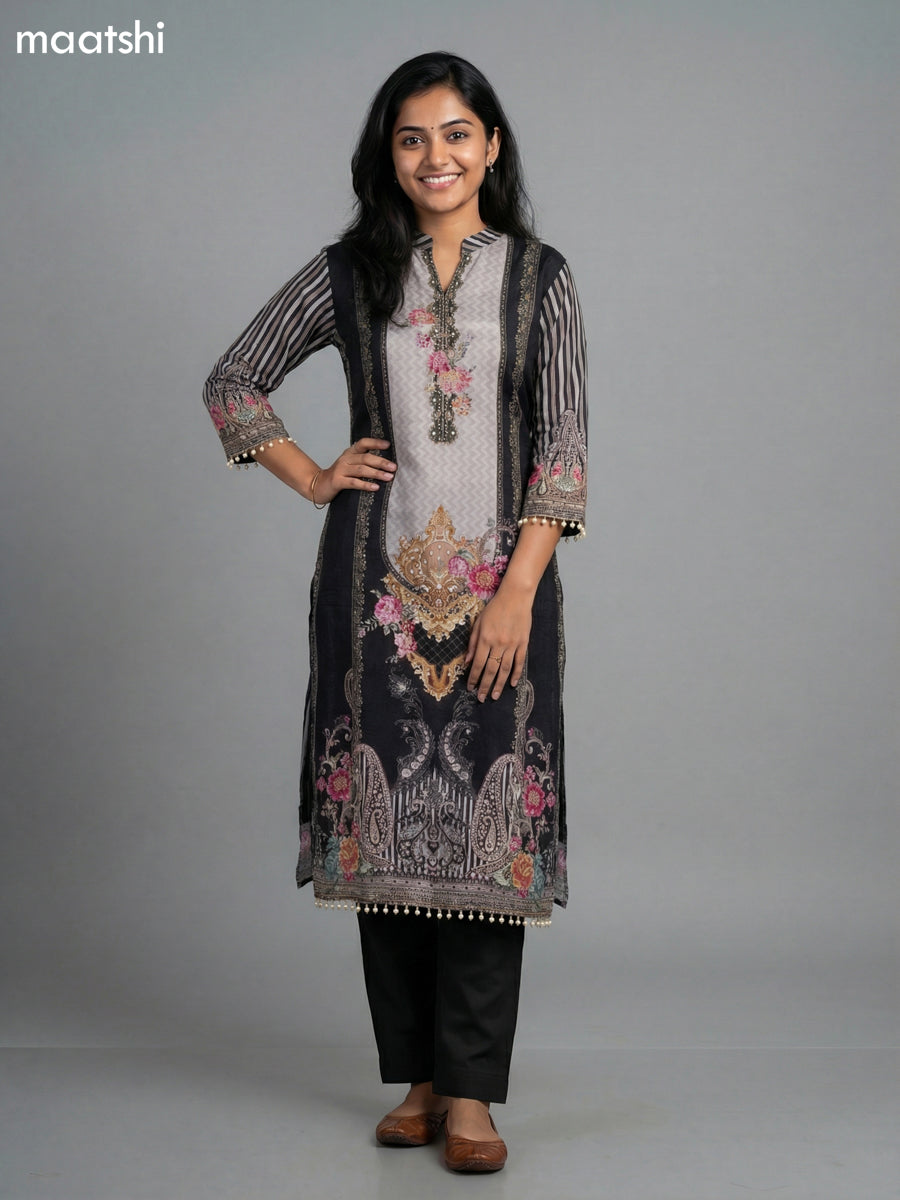 Black and Grey Shade Crepe Silk Printed Straight Suit