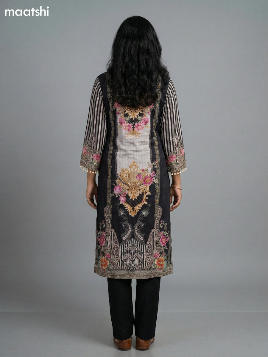 Black and Grey Shade Crepe Silk Printed Straight Suit