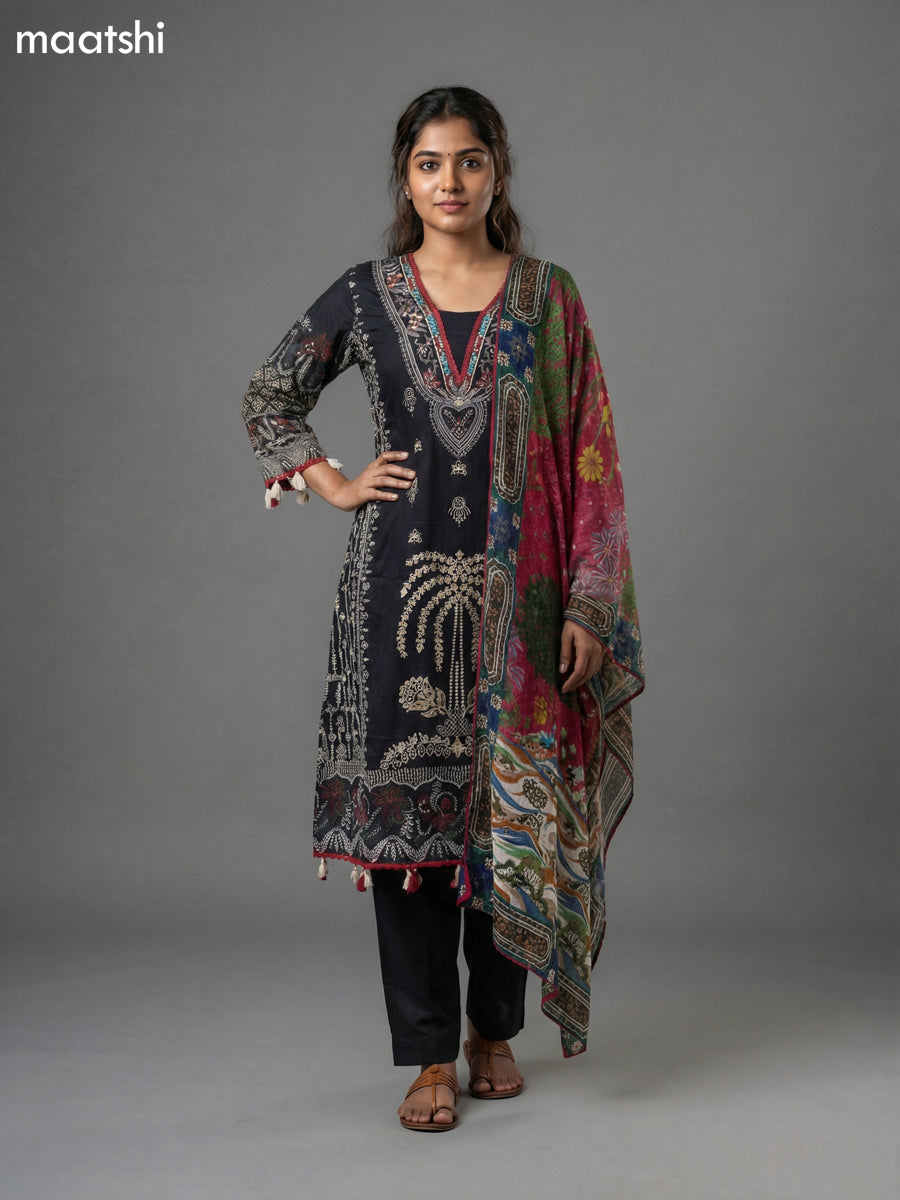 Black and Maroon Crepe Silk Printed Straight Suit