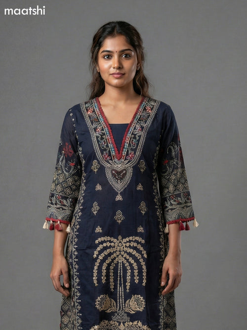 Black and Maroon Crepe Silk Printed Straight Suit