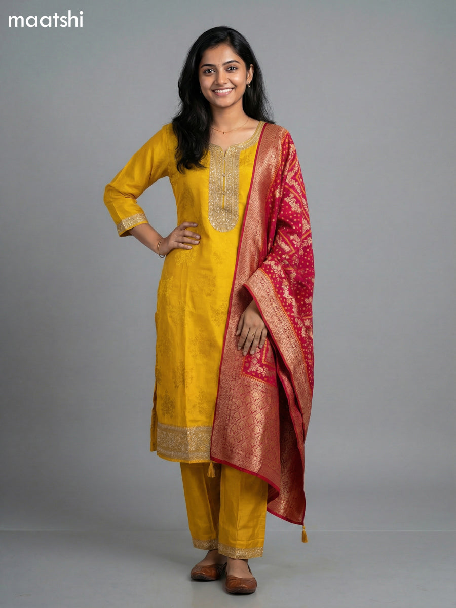 Mustard Yellow and Red Art Tussar  Embroidery Work Straight Suit